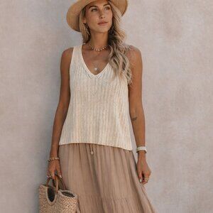 DKNY 100% cotton knit sweater tank, gold metallic on cream, vertical ribbing